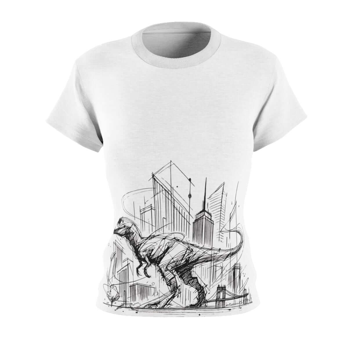 White cotton T-shirt featuring a black line sketch of a dinosaur in a modern cityscape on the front center