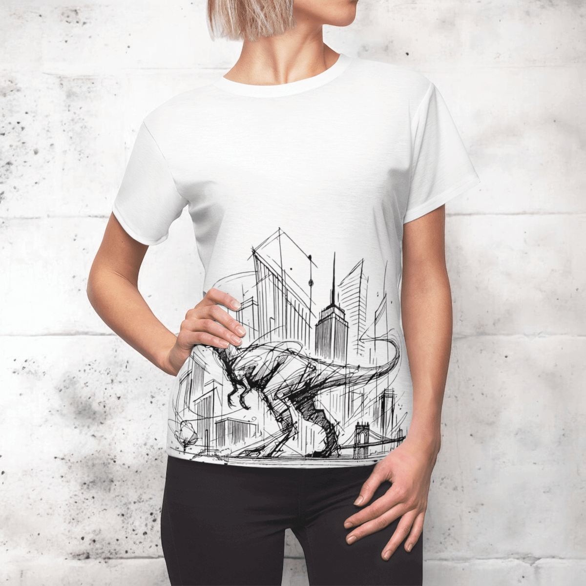White cotton t-shirt with black urban dinosaur line sketch on front, featuring a modern minimalist streetwear design