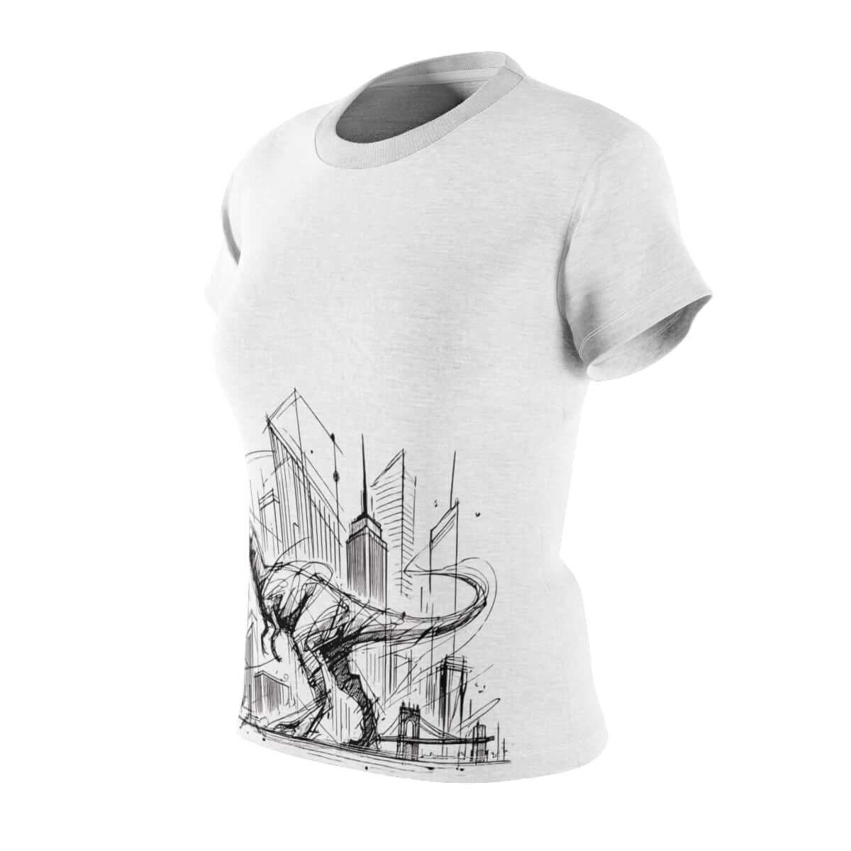 White cotton short-sleeve t-shirt with black line-art sketch of a dinosaur among city buildings on front