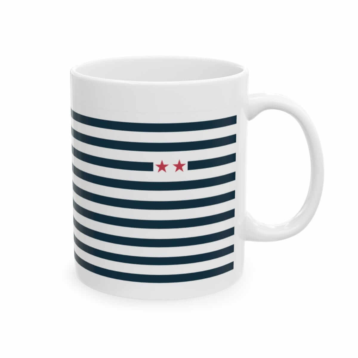 Ceramic coffee mug with white base, black vertical stripes, and two red stars near the rim on opposite sides
