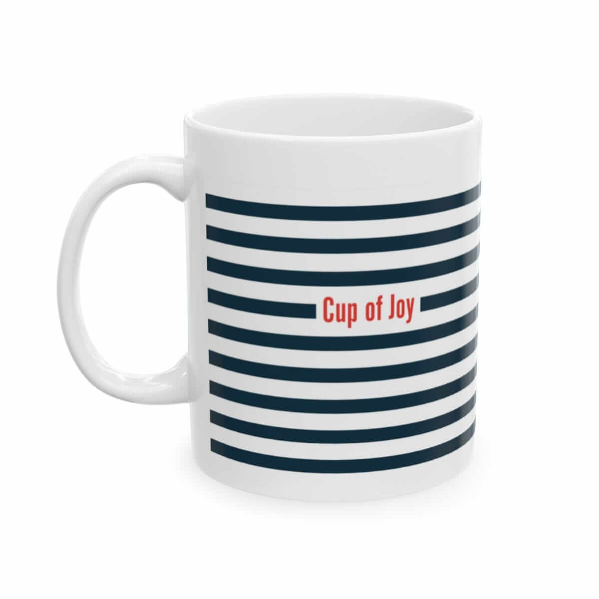 White ceramic mug with navy horizontal stripes and red Cup of Joy text in playful script on the front