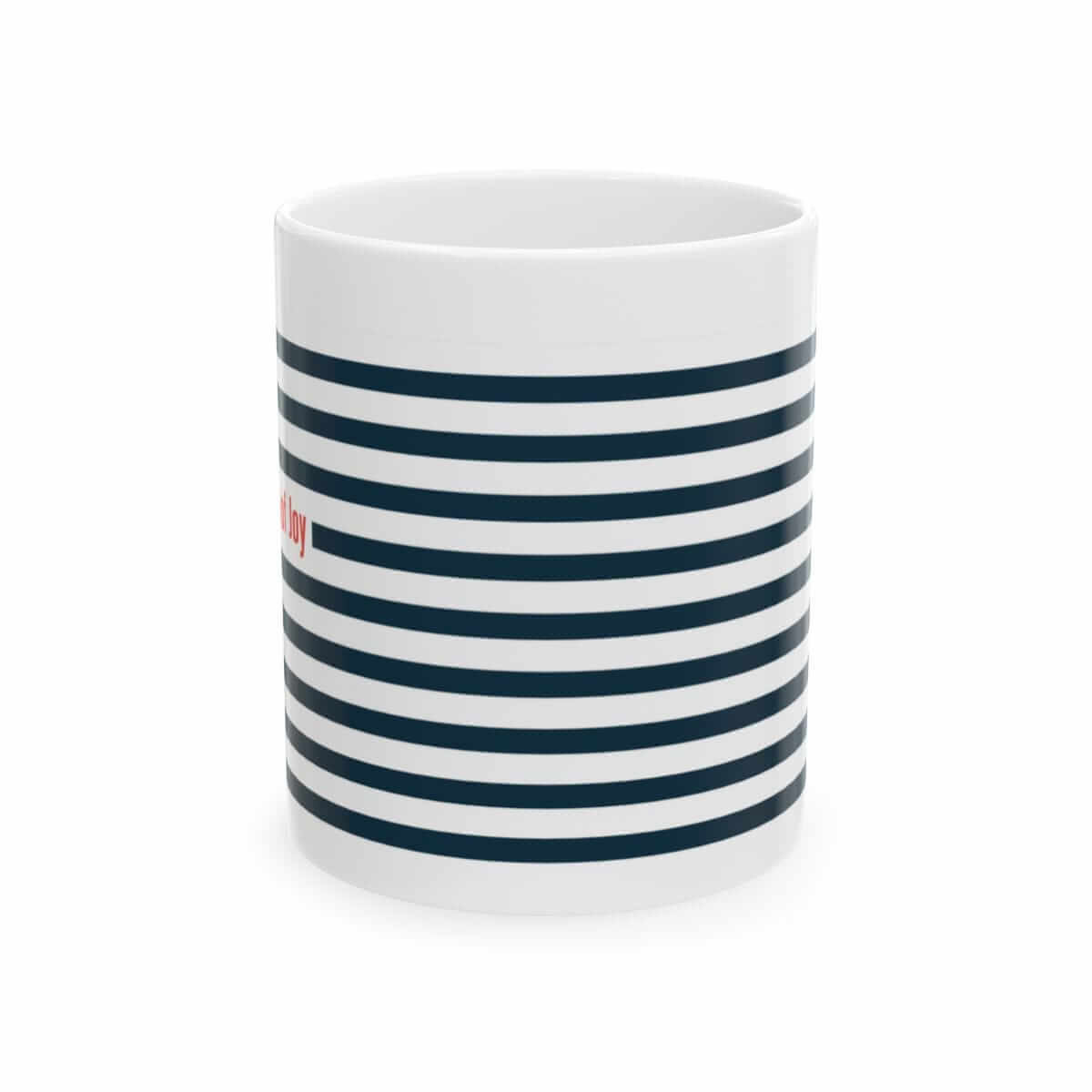White ceramic mug with navy blue horizontal stripes and partial red printed text in a sleek modern design
