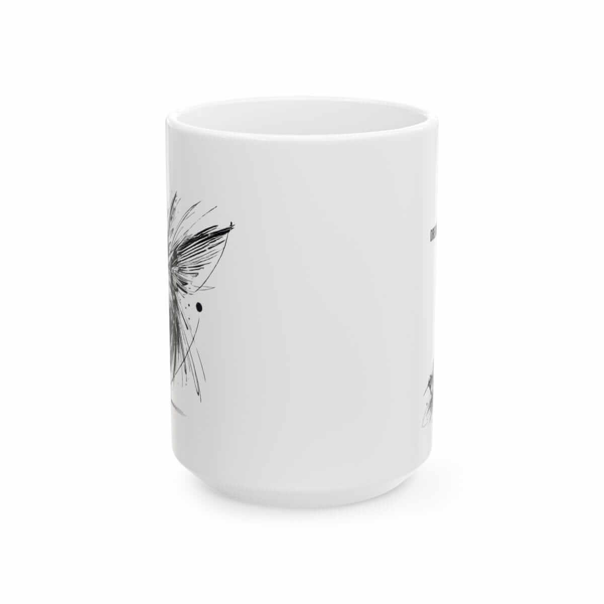 White ceramic mug with black abstract line art in a modern artistic pattern covering the exterior surface