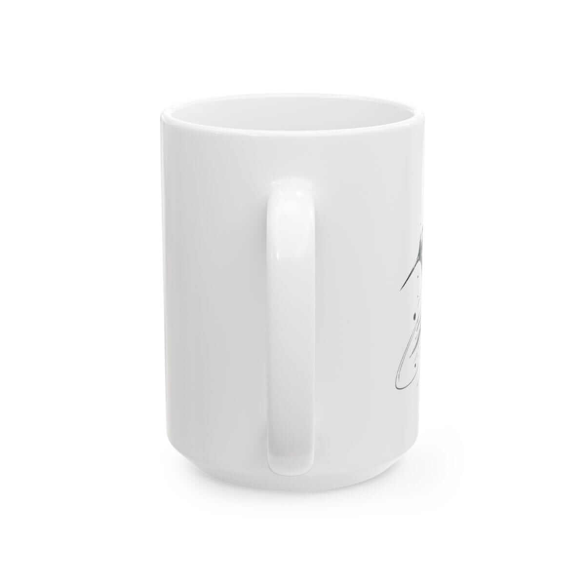 White ceramic mug in minimal style featuring black line art design partially visible on the front-facing surface