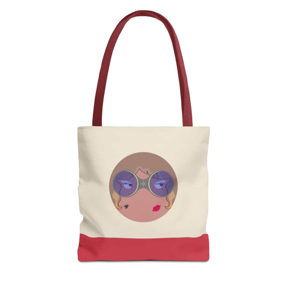 Red leather tote bag with smooth finish and structured shape featuring rounded handles and a minimalist design