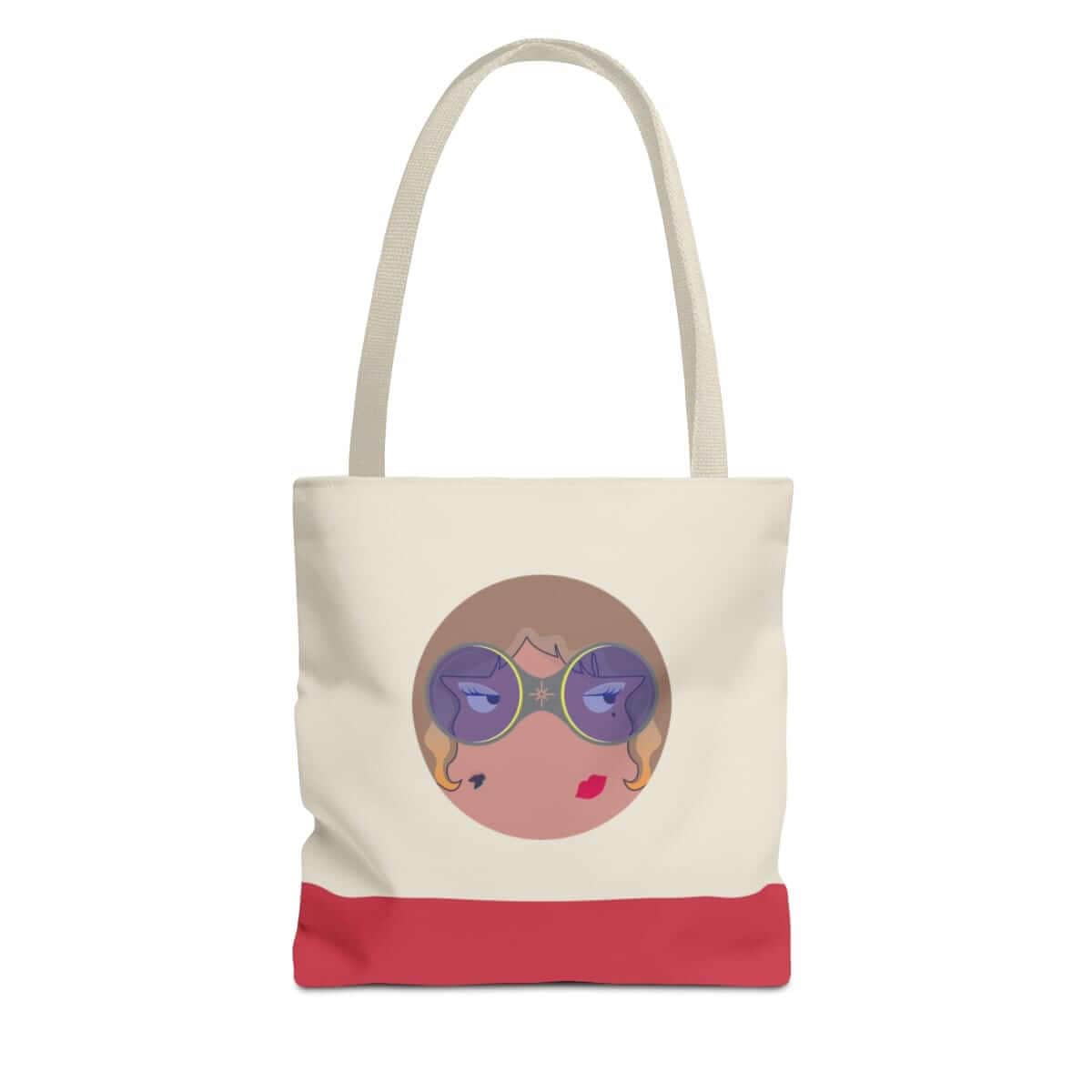 Beige canvas tote bag with black leather handles featuring a rectangular shape and simple stitched detailing