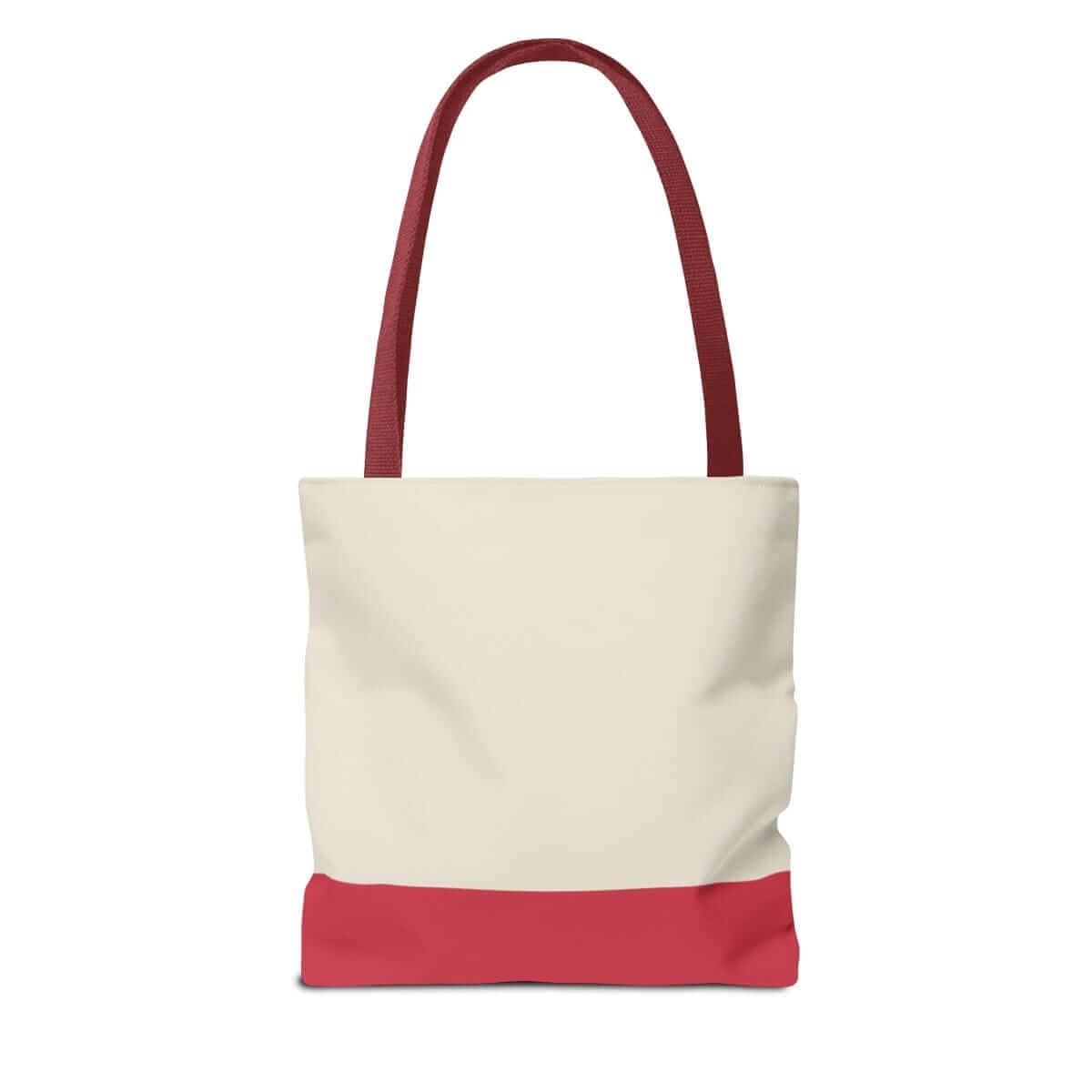 Red canvas tote bag with leather trim showing back view featuring adjustable shoulder straps and stitched detailing