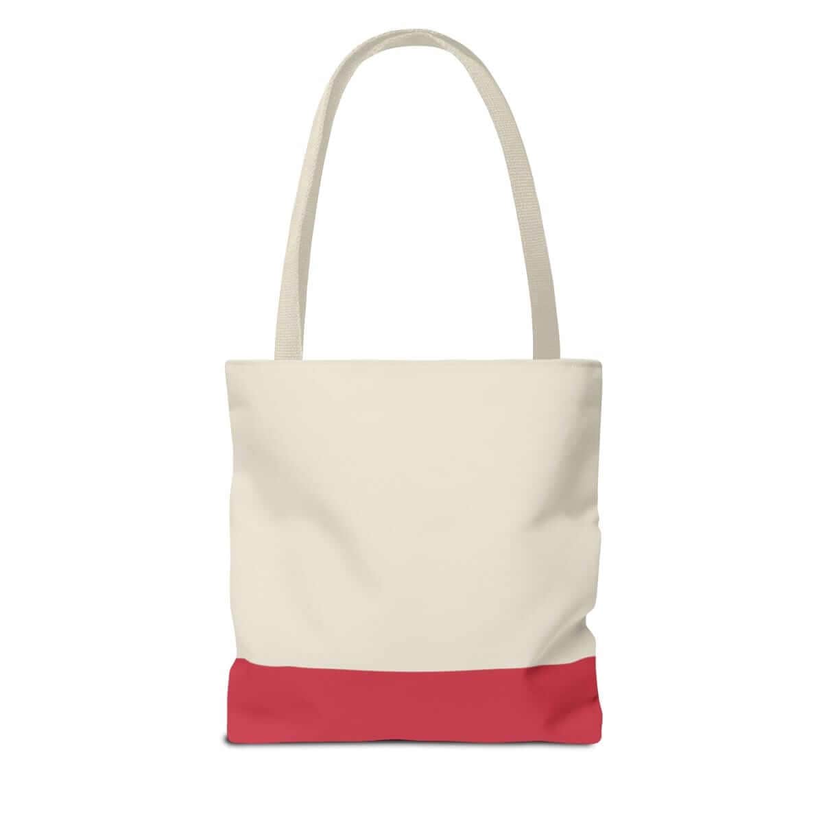 Beige canvas tote bag with natural leather handles and a back slip pocket featuring contrast stitching