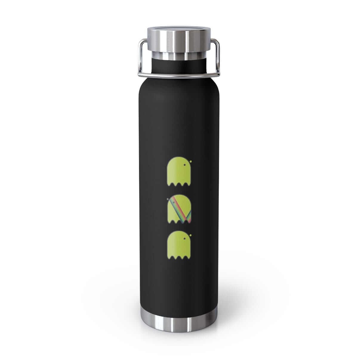 Black stainless steel water bottle with silver cap and base, featuring green ghost-like icons in repeating pattern