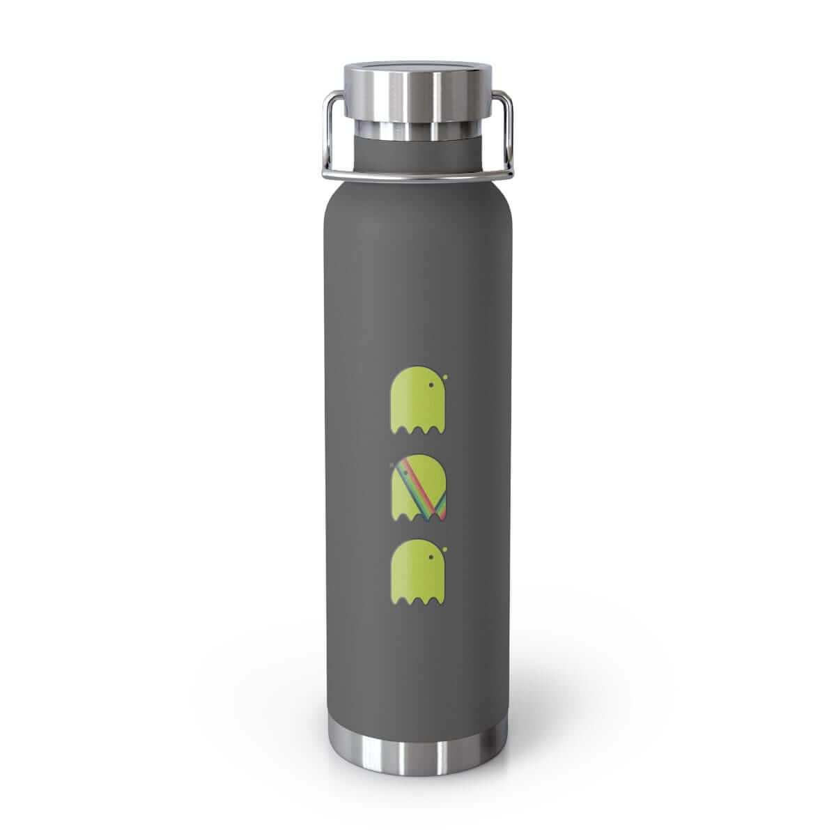 Dark grey water bottle with stainless steel cap, green abstract graphics, and a matte finish design