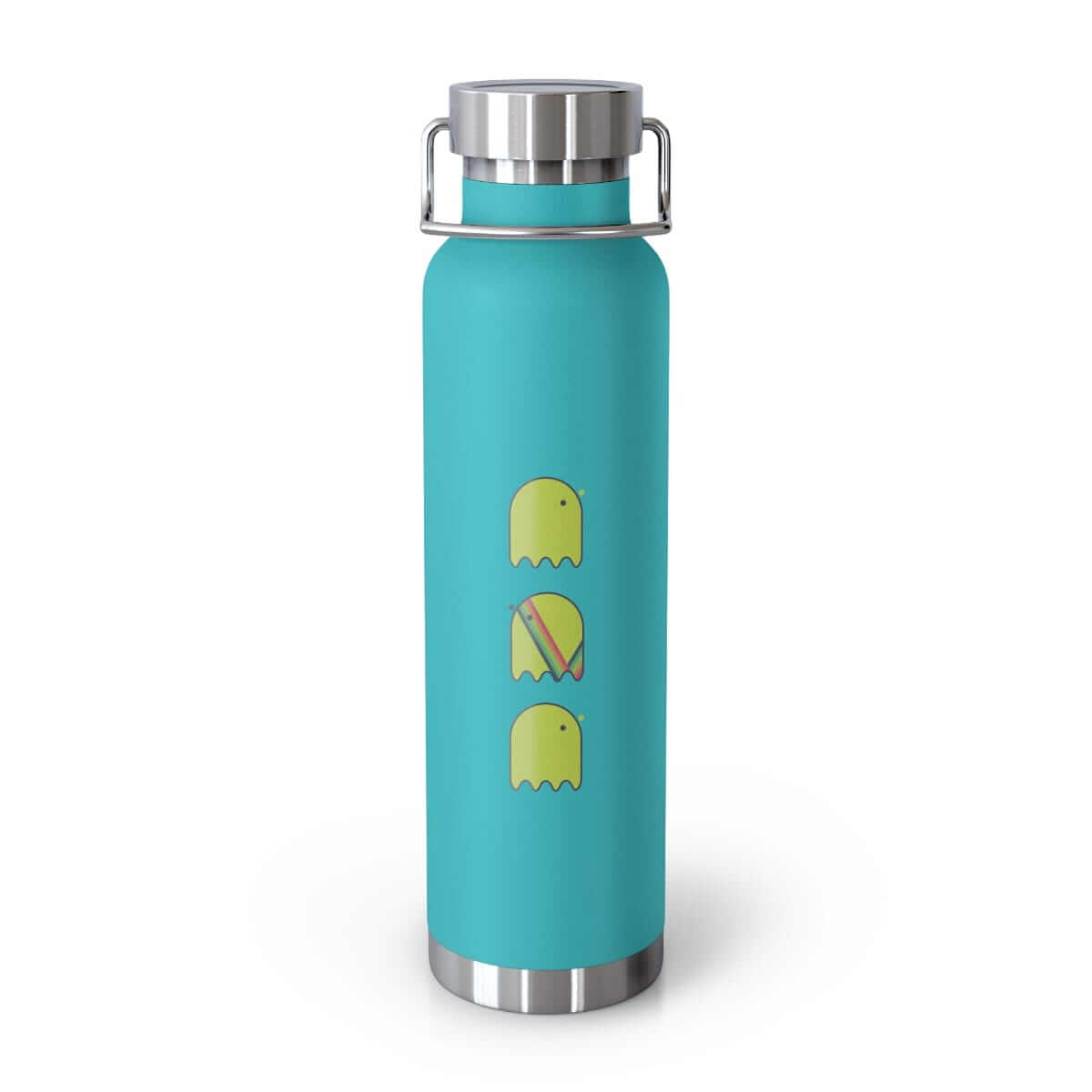 Insulated mint green bottle with stainless steel lid and dual side handles, featuring three yellow ghost icons
