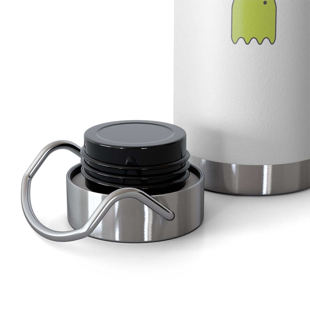 White insulated bottle with a black lid, silver base, and mint green leaf graphic on the front