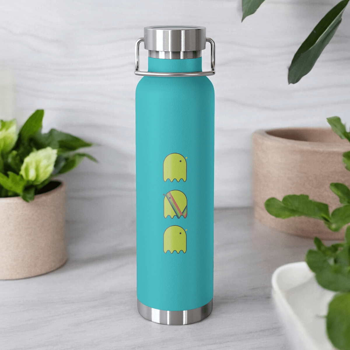Mint green stainless steel water bottle with yellow sprite illustrations placed among green houseplants on a wooden surface