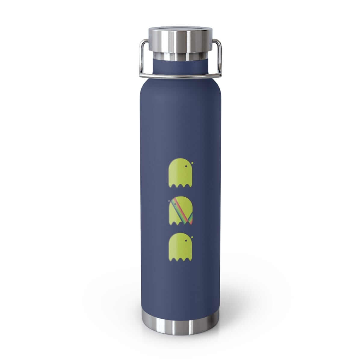 Navy stainless steel water bottle with silver metal lid and light green ghost-style illustrations around the base