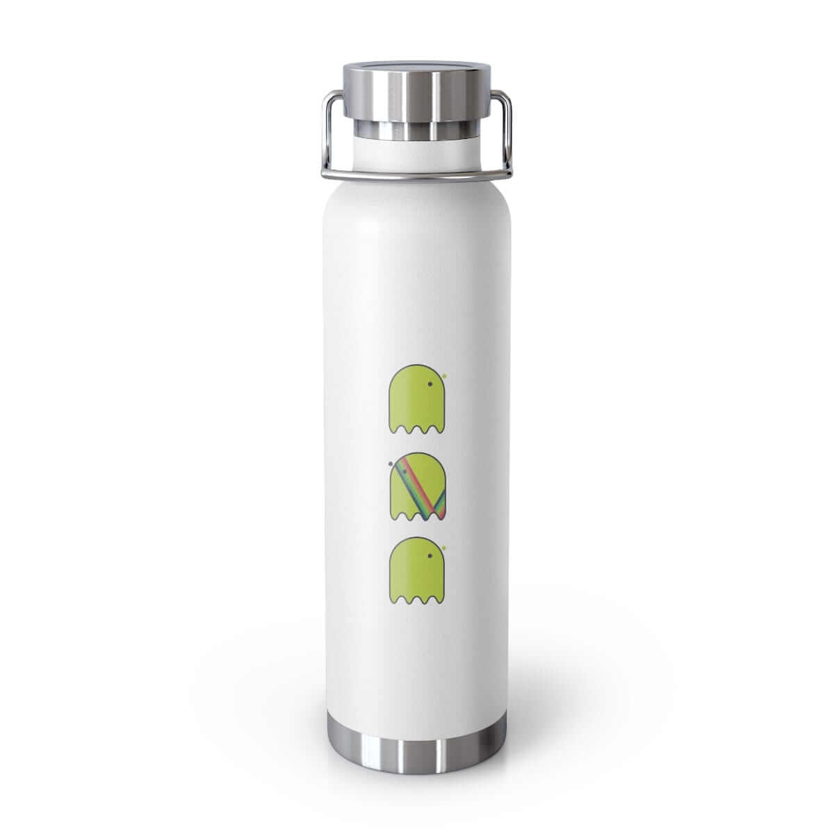 White stainless steel water bottle with green ghost pattern and silver base and screw-on lid