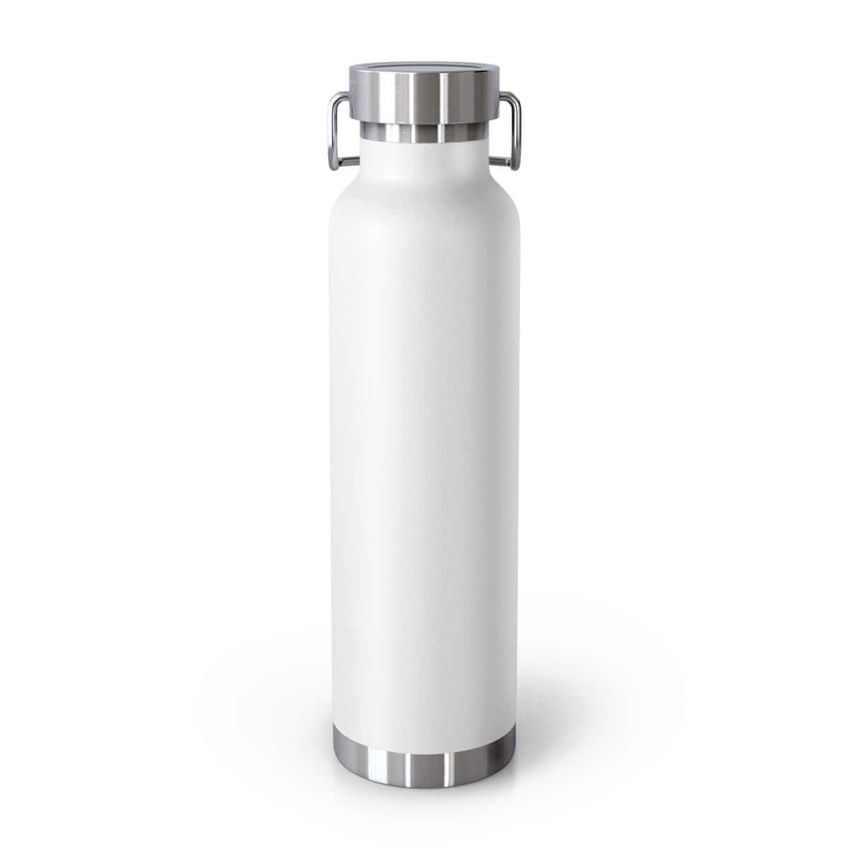 White insulated water bottle with metal screw-on lid, built-in handle, and matte finish