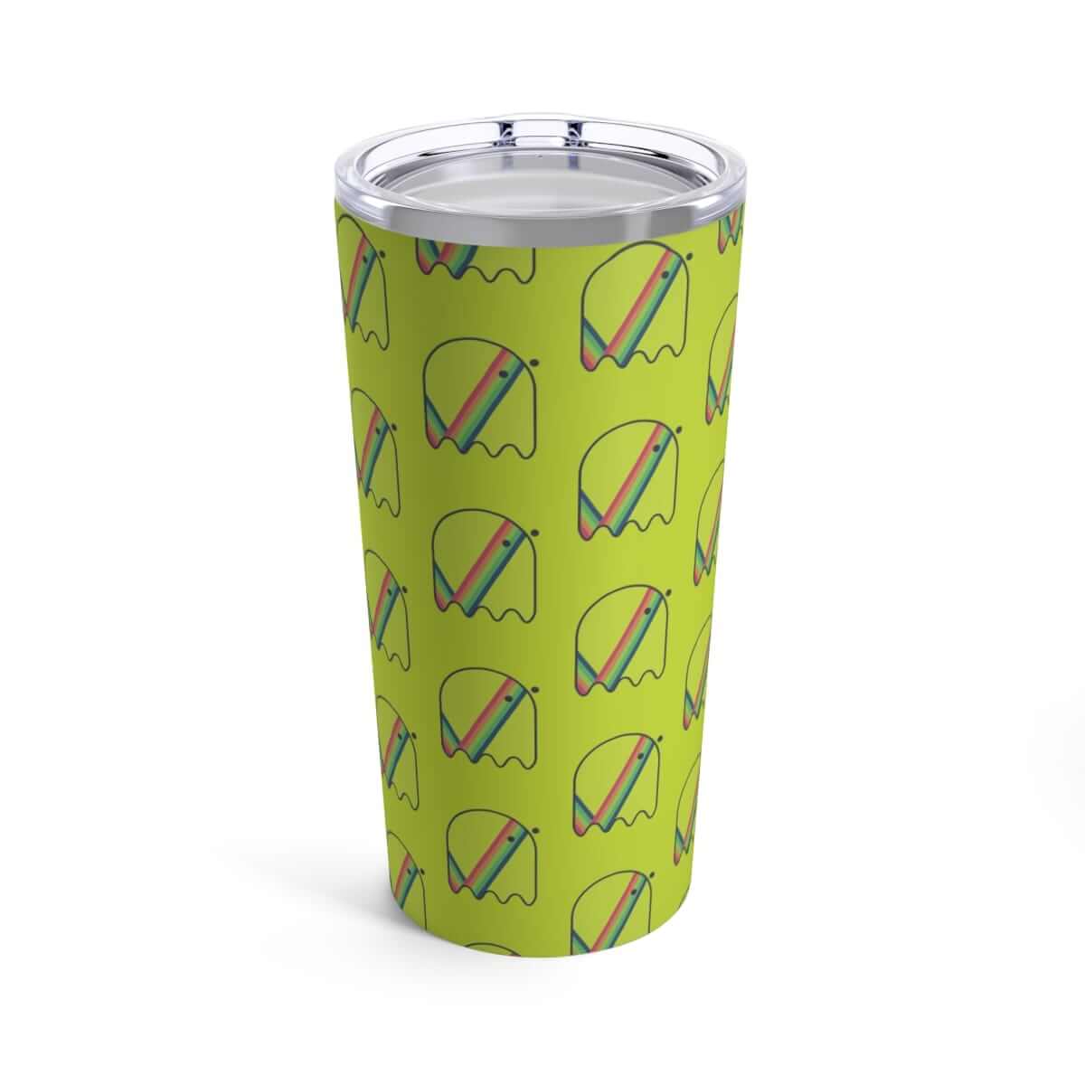 Bright green stainless steel tumbler with colorful abstract swirl and line design on a smooth matte finish