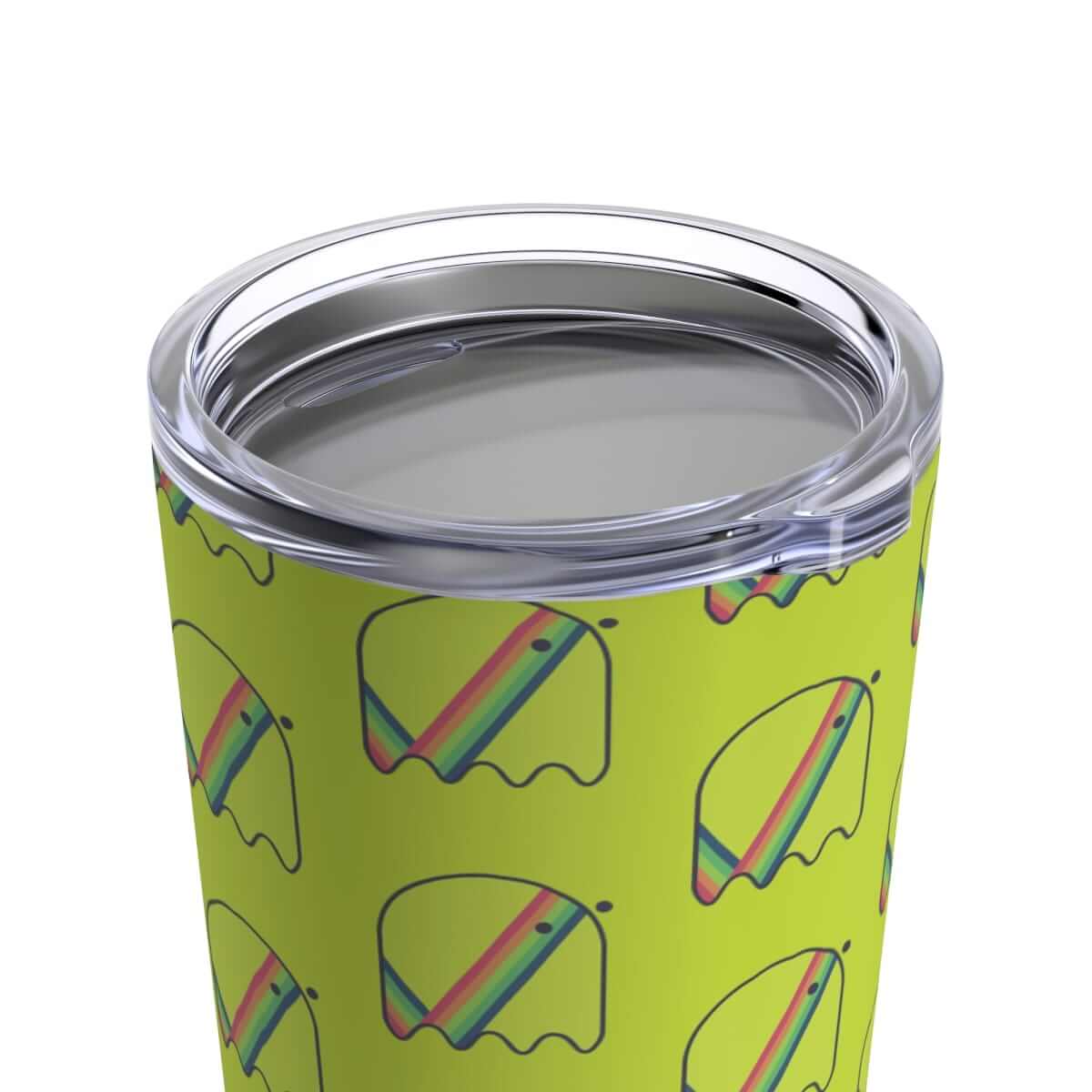 Lime green insulated tumbler with rainbow swirl pattern, clear plastic lid, and stainless steel bottom