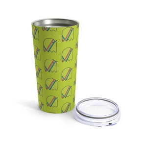 Green stainless steel tumbler with playful ghost print, rainbow accents, dotted detail, and clear plastic lid beside