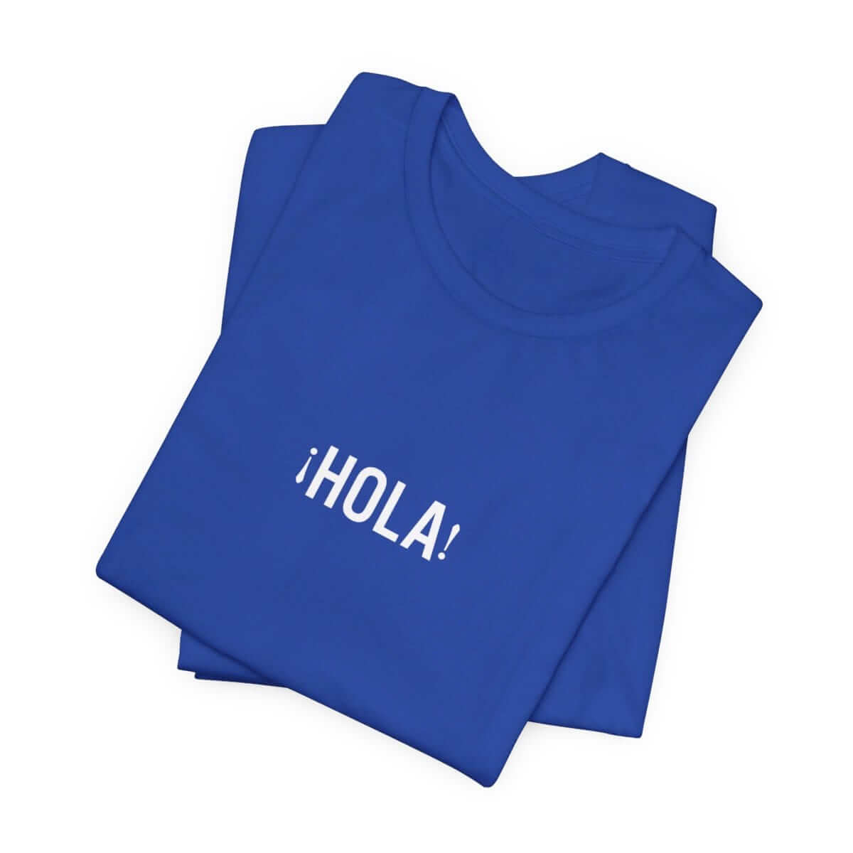 Classic royal blue cotton t-shirt folded to show front design with Hola Hello text printed in contrasting white and red