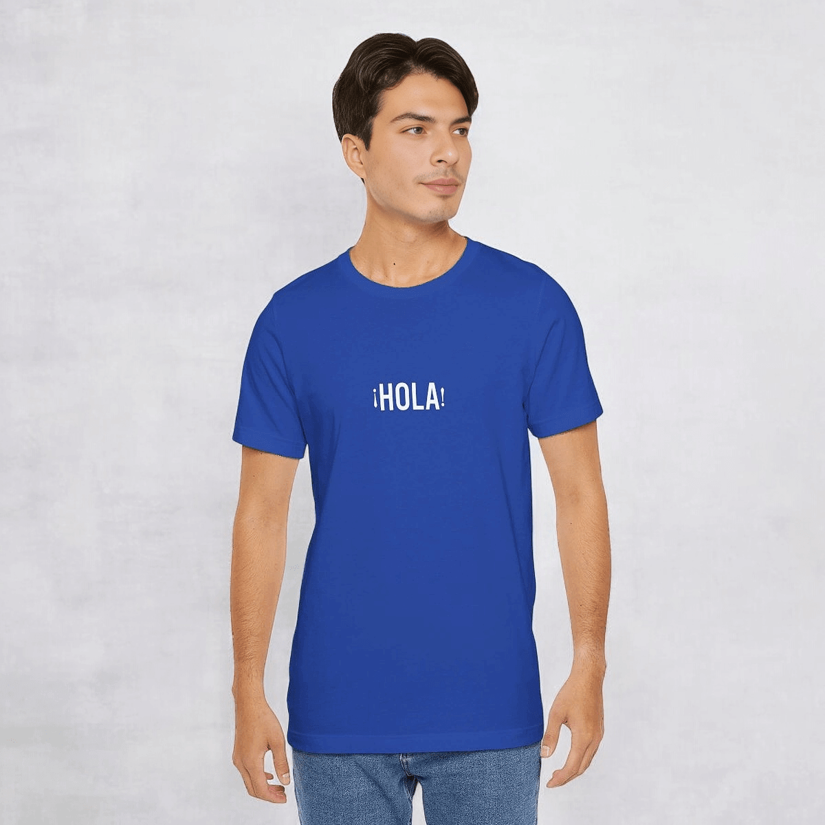 Classic true royal blue cotton t-shirt with short sleeves and crew neck featuring white text logo on front