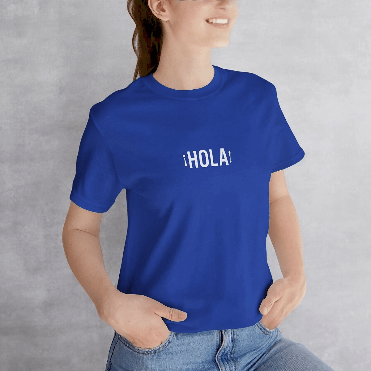 Classic true royal blue cotton t-shirt with crew neck and short sleeves featuring white Hola and Hello text on front