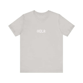 Silver cotton classic t-shirt with short sleeves and round neckline featuring bold 'Hola Hello In Spanish' text graphic on front