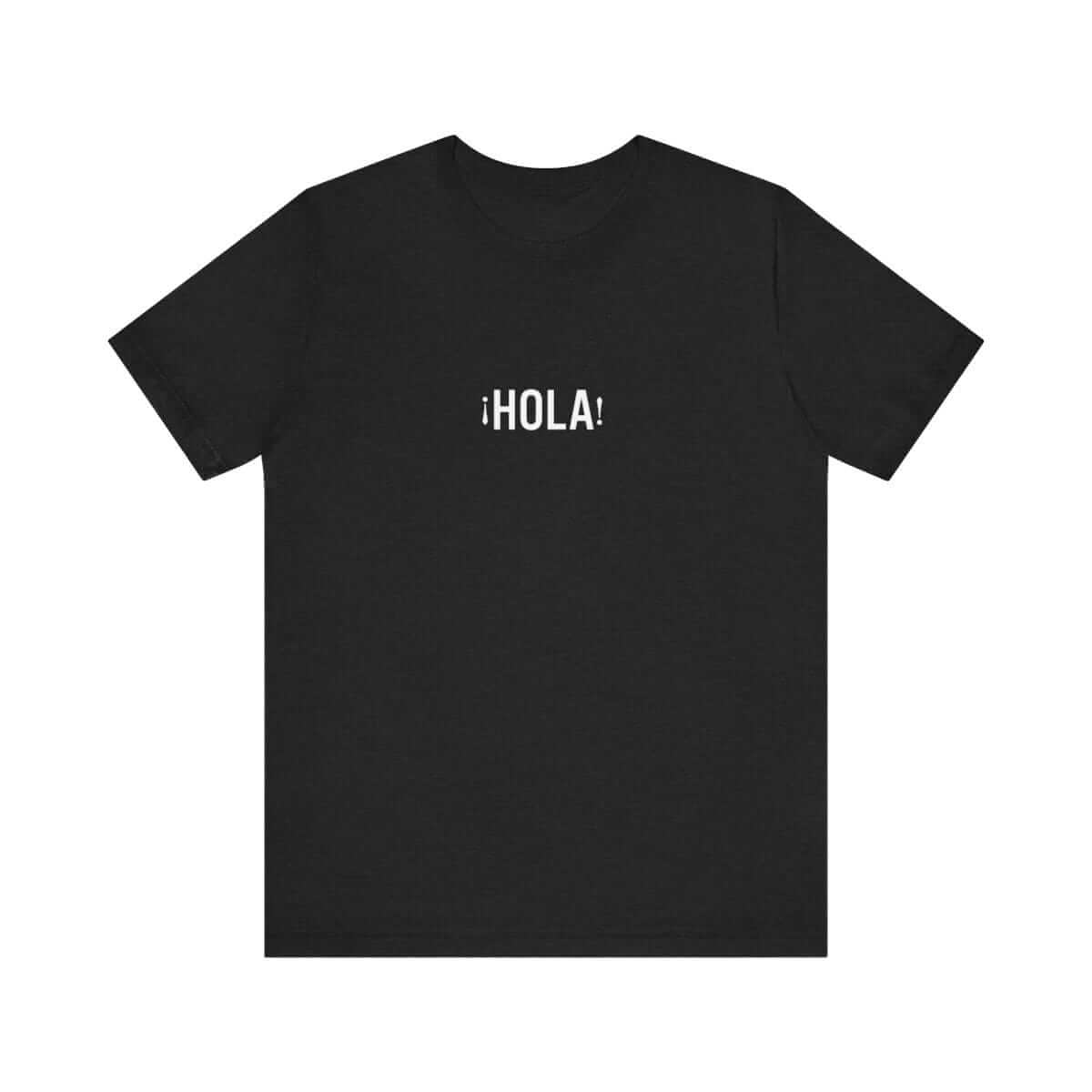 Black classic short sleeve t-shirt made of solid blend fabric featuring Hola Hello text in white and red on the front
