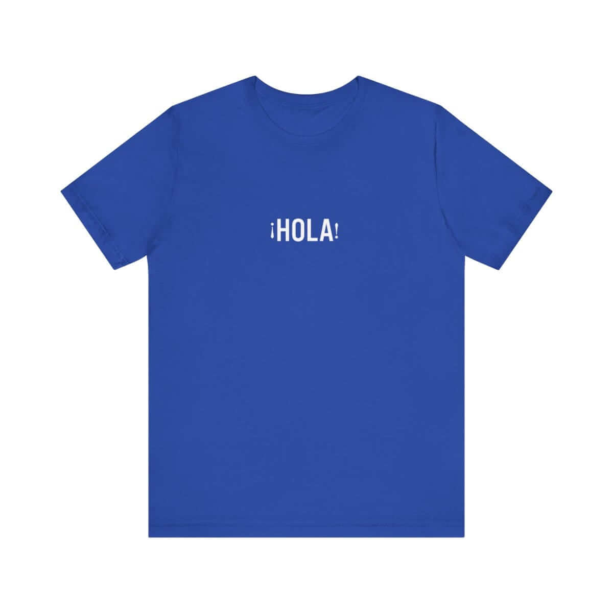 Classic true royal blue cotton t-shirt with short sleeves and bold white Hola Hello Spanish text print on the front