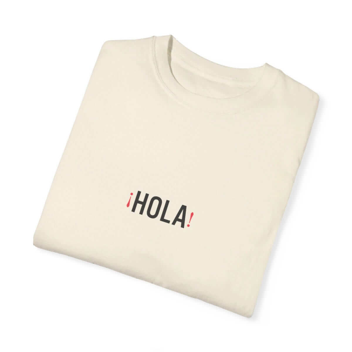 Ivory cotton short sleeve t-shirt folded showing front design with Hola Hello text in casual font style