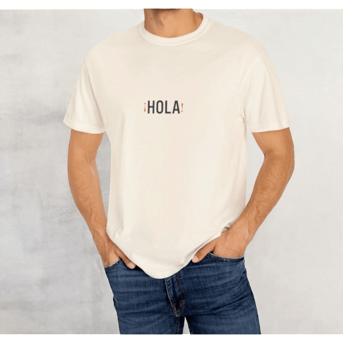 Ivory cotton short sleeve t-shirt with black bold text Hola Hello printed on front in casual style
