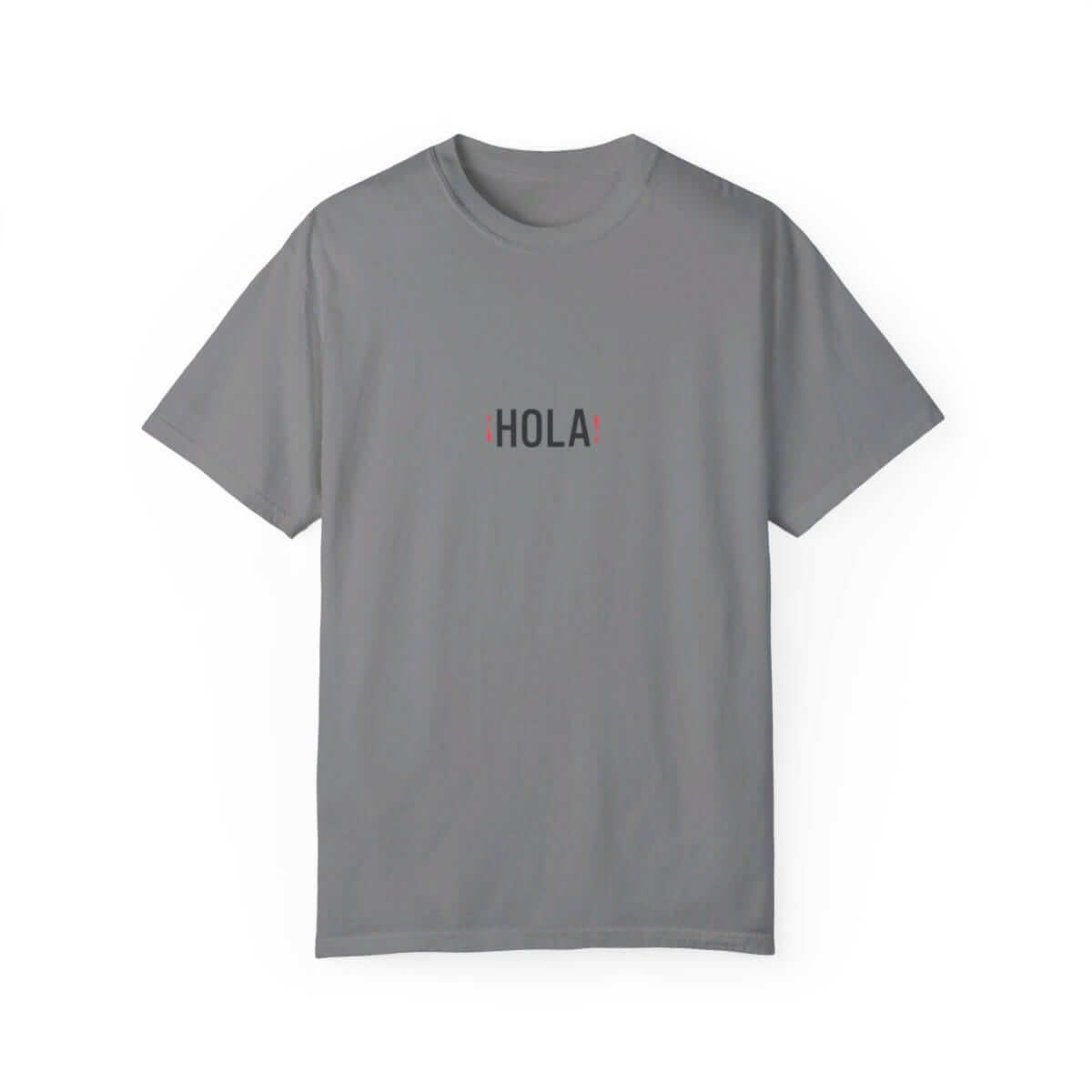 Grey cotton short-sleeve t-shirt with casual fit featuring large yellow Hola Hello text printed on front