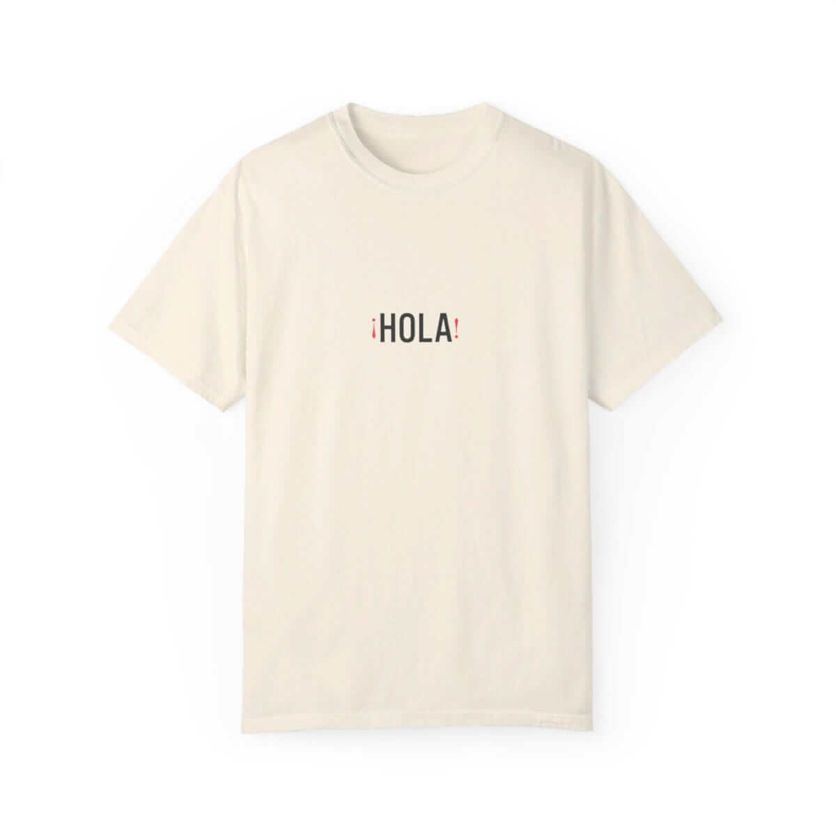 Ivory cotton short-sleeve t-shirt with crew neck and bold black Hola Hello text printed on front in casual style