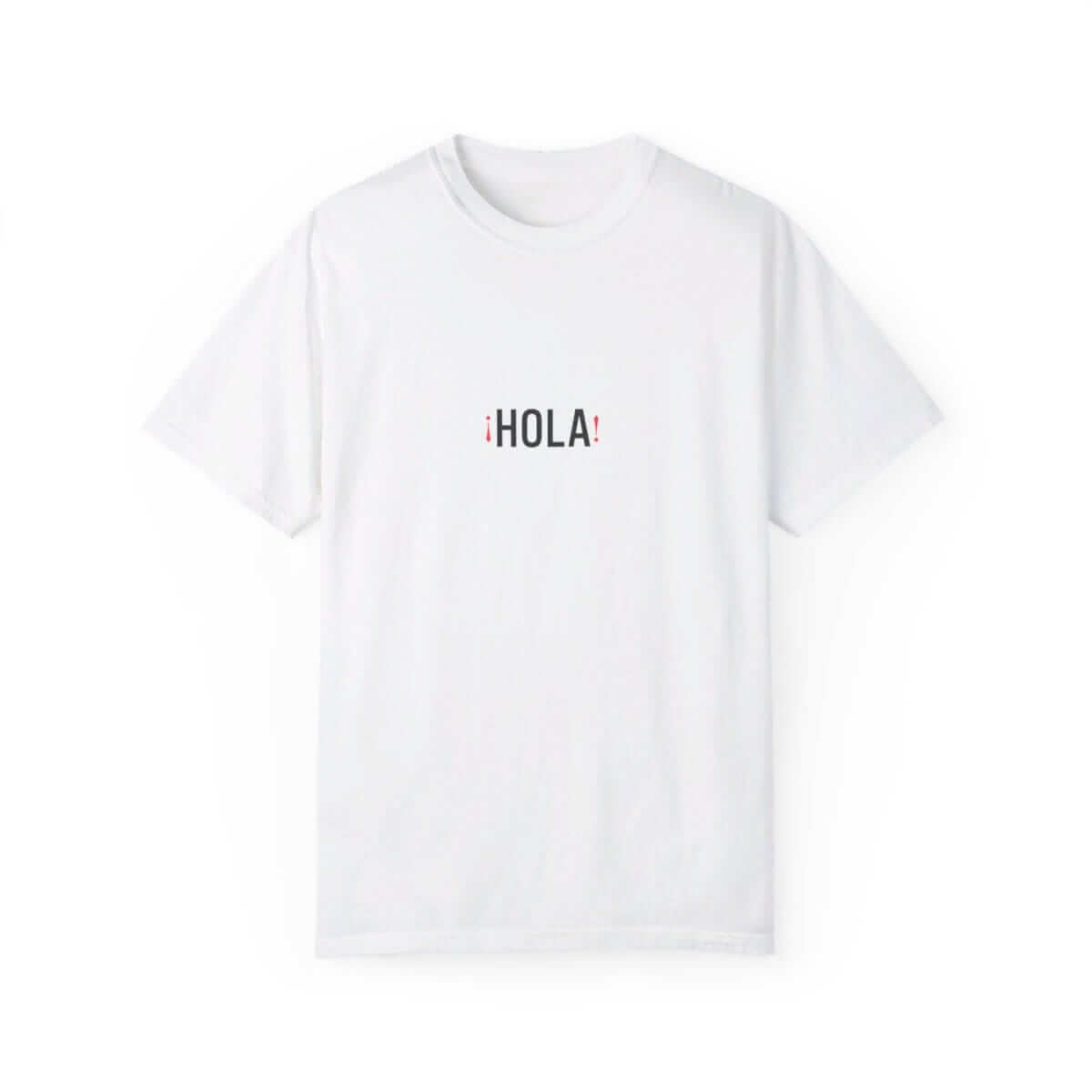 White cotton short-sleeve T-shirt with crew neck and black 'Hola // Hello' text printed in bold font on front