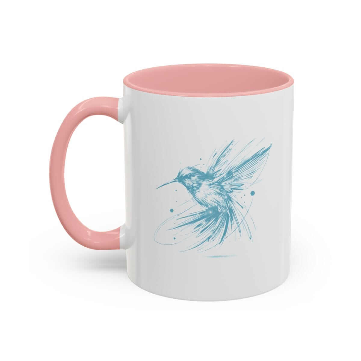 White ceramic mug with pink interior and handle, featuring a blue sketch-style bird illustration on the front