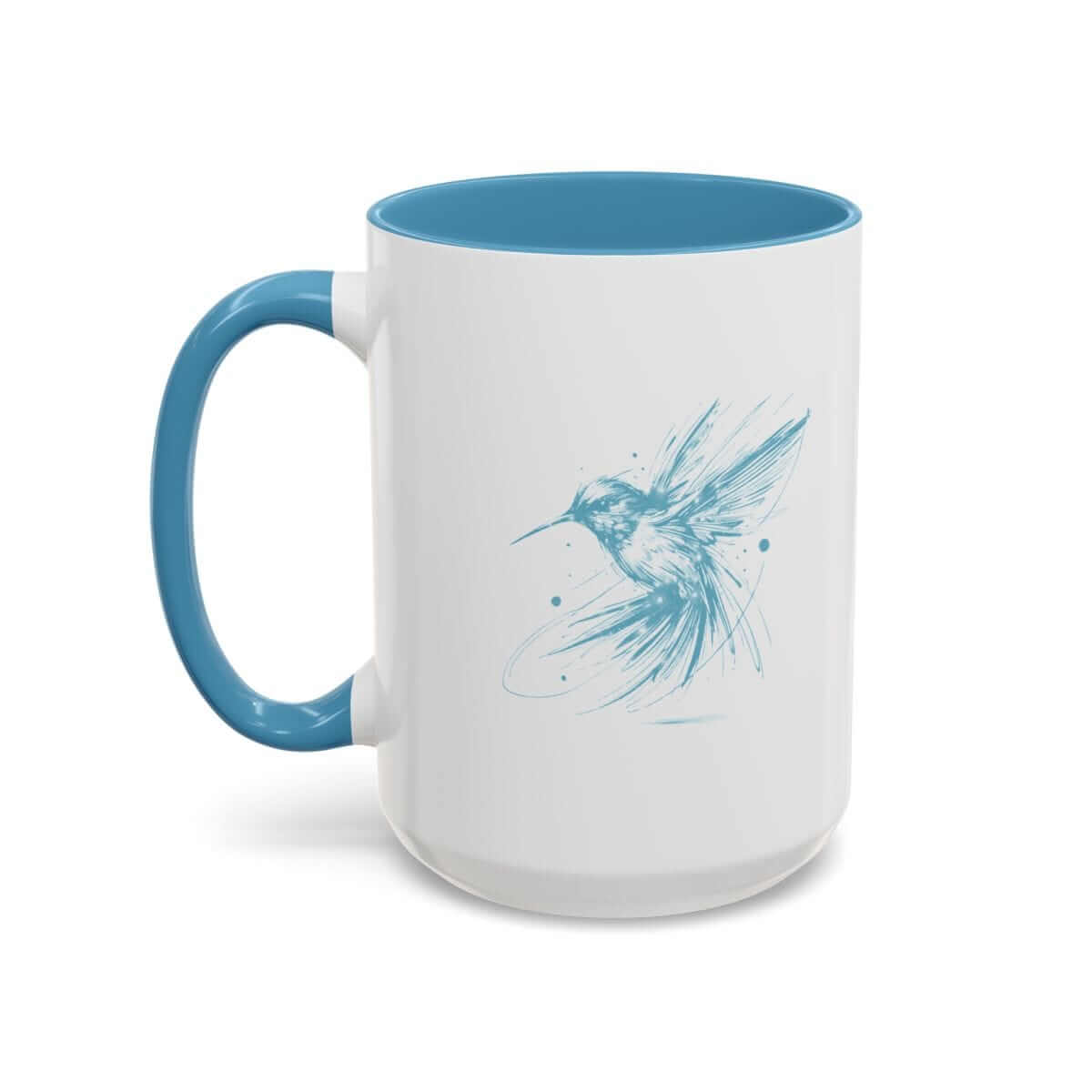White ceramic mug with blue interior and handle, featuring a blue line-art hummingbird illustration on the side