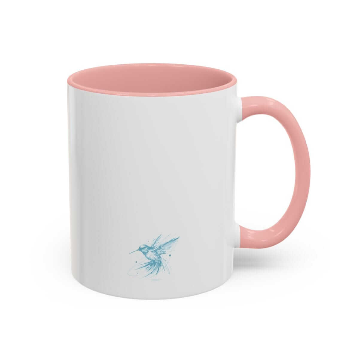 White ceramic mug with pink interior and handle featuring a blue sketch of a bird on the side