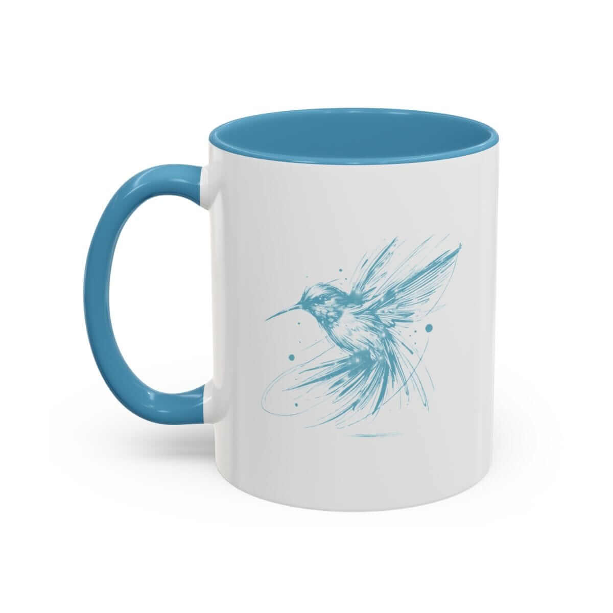 Ceramic coffee mug with white exterior, blue interior and handle, and a black line sketch of a flying bird