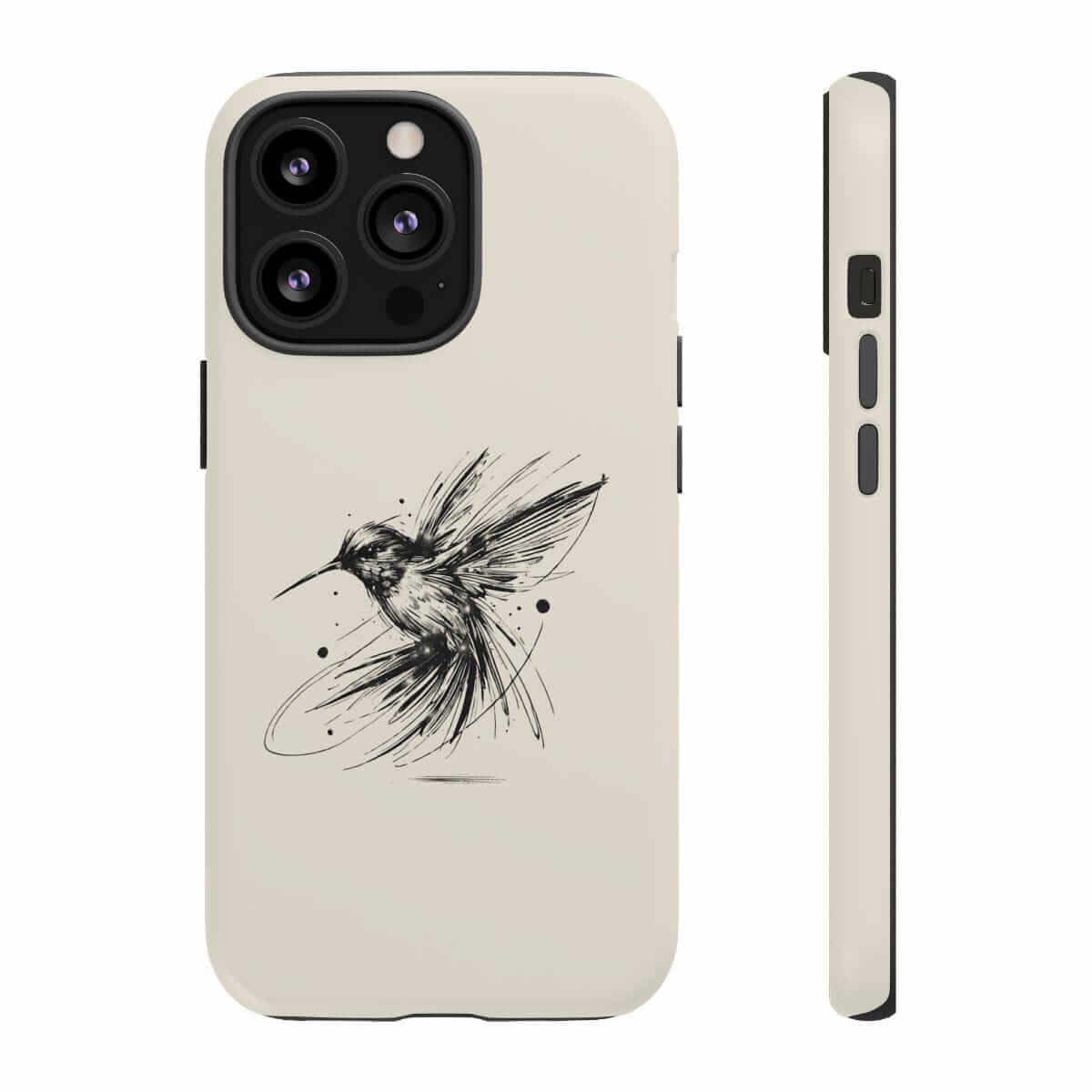 Beige phone case for iPhone with minimalist black hummingbird sketch and matte finish on smooth plastic material