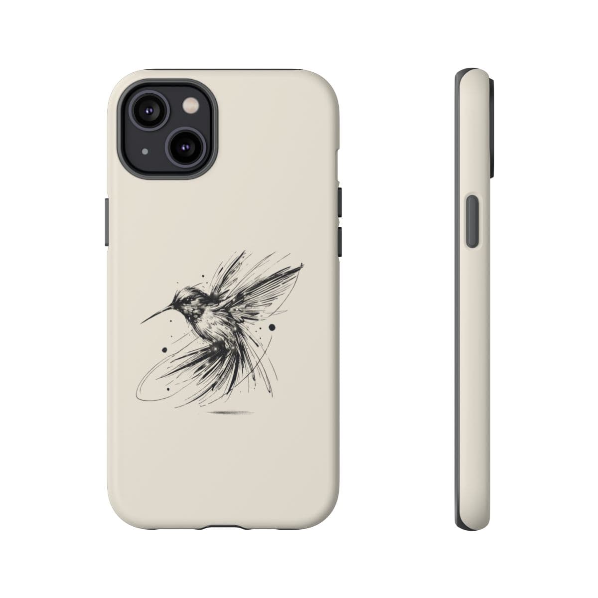 Beige phone case with smooth matte finish featuring a black sketch illustration of a hummingbird in flight
