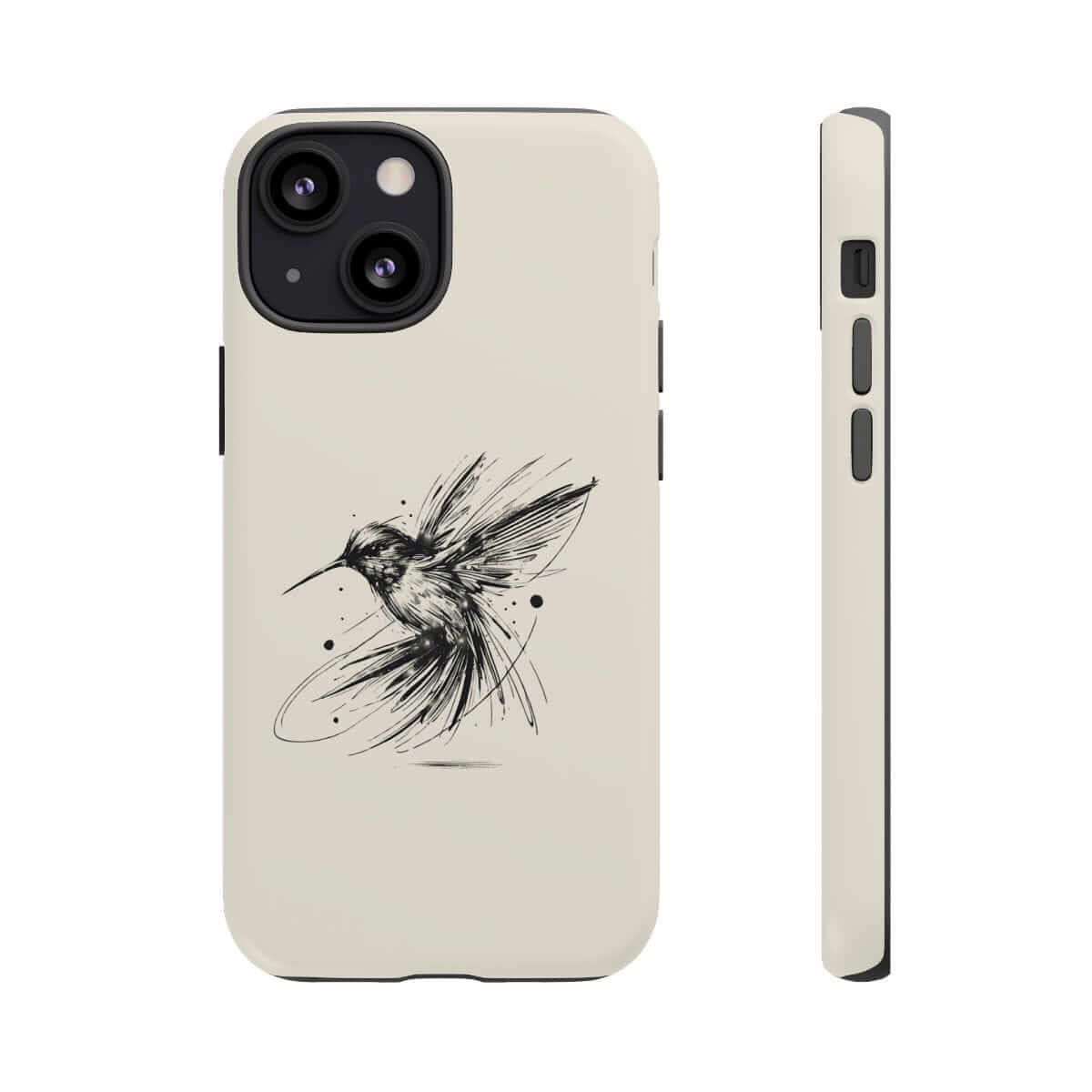 Beige phone case with matte finish featuring a black line art sketch of a hummingbird on the back panel