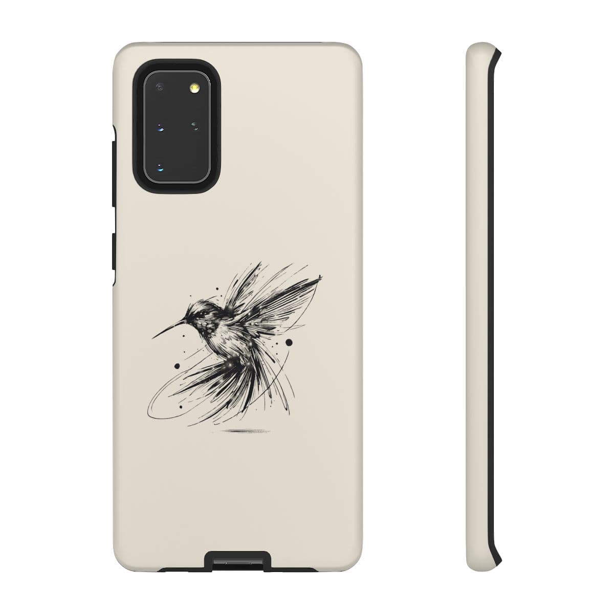 Cream phone case with matte finish featuring a black line-art sketch of a hummingbird in motion on the back