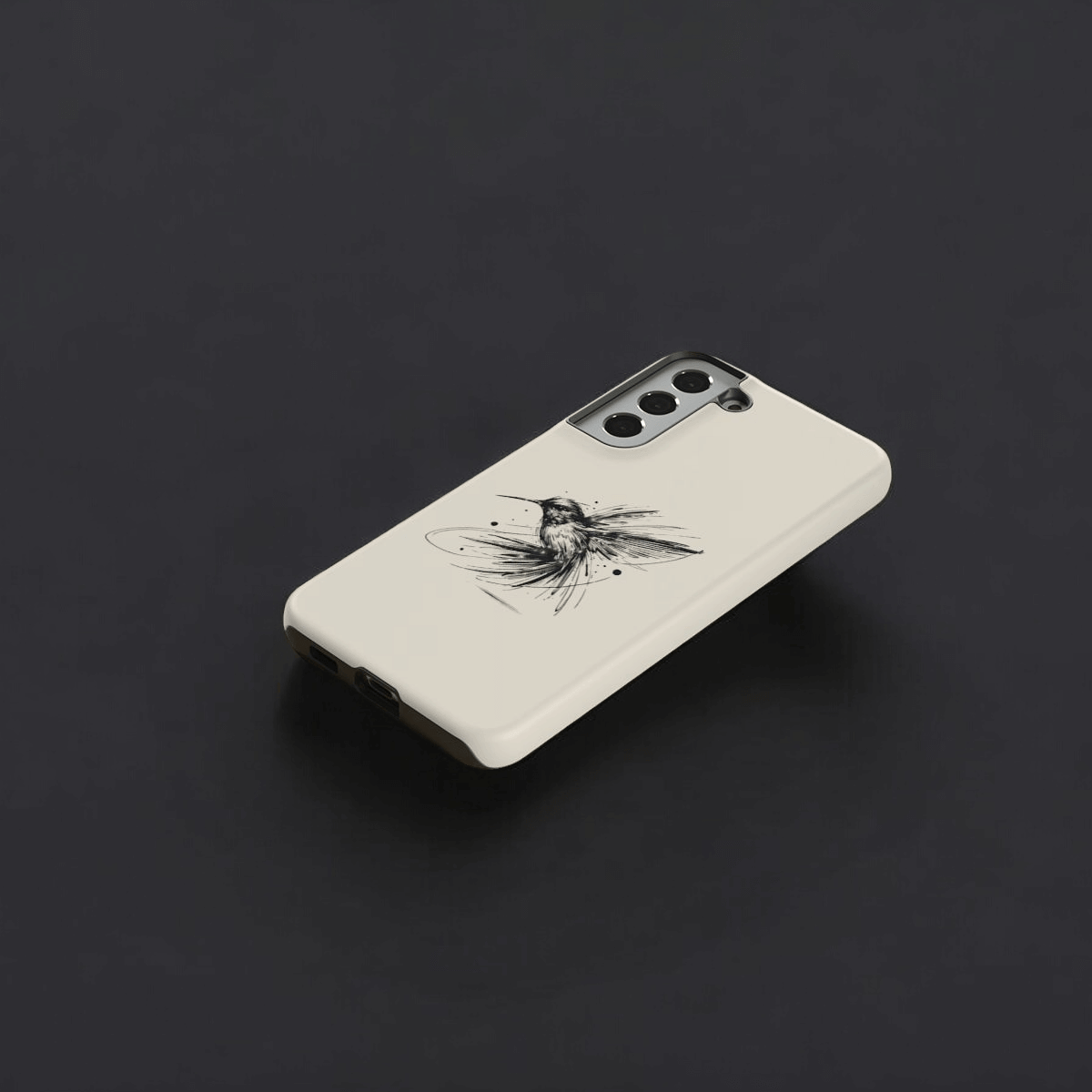 Beige phone case with matte finish featuring a black hummingbird illustration centered on the back panel