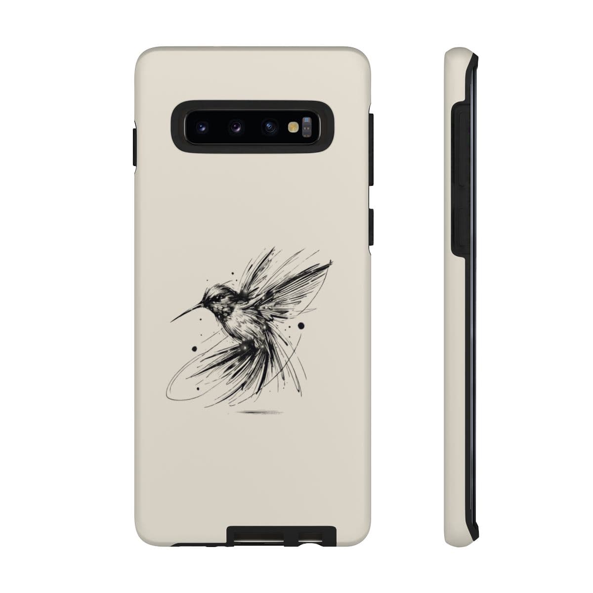 Beige phone case with artistic black hummingbird sketch, smooth matte finish, and minimalist single-color design