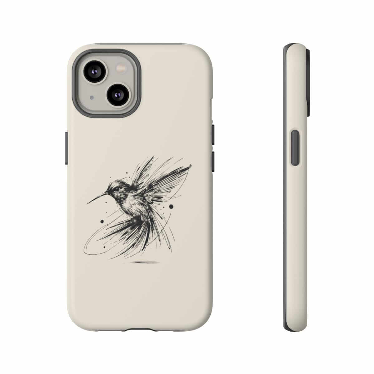Beige silicone phone case featuring a minimalist black line sketch of a hummingbird on the back surface
