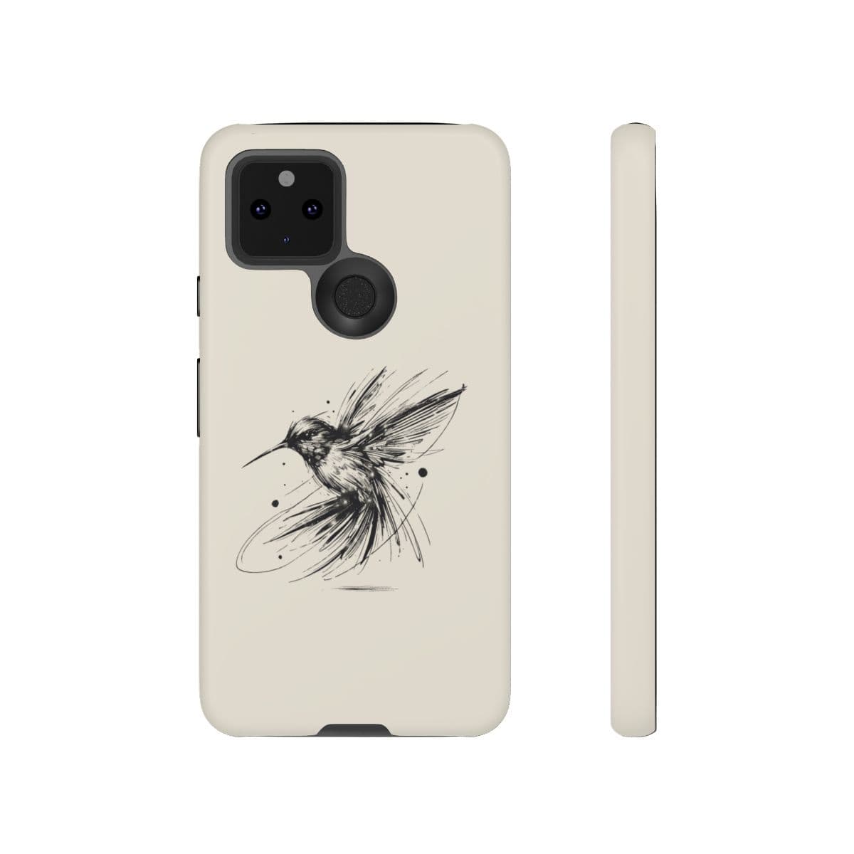 Beige phone case for iPhone 15 featuring minimalist black sketch-style hummingbird graphic on smooth matte surface