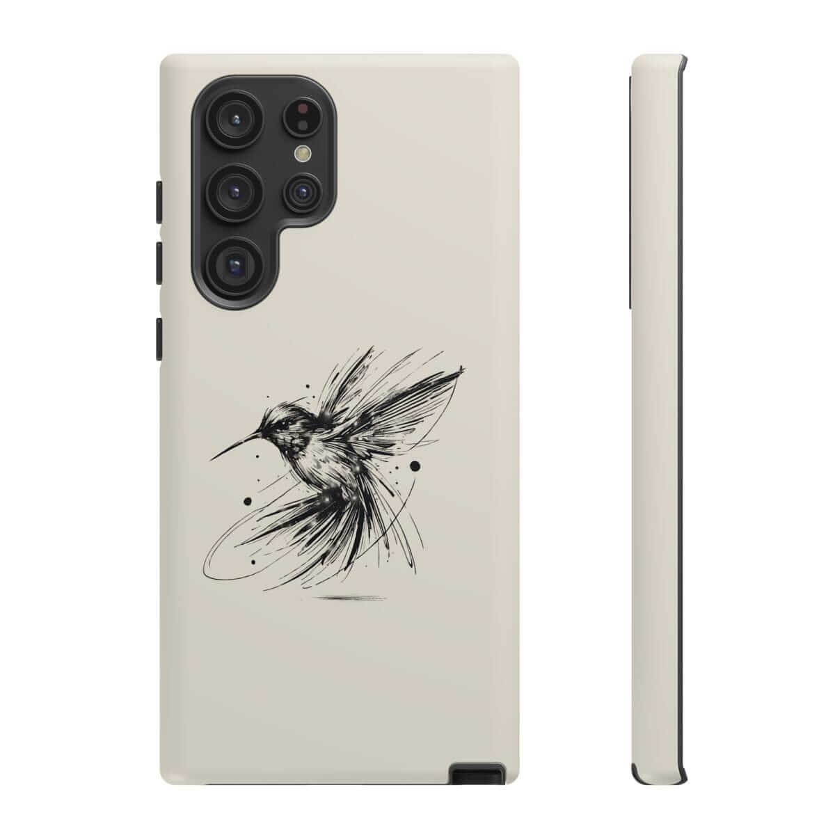 Beige plastic phone case with matte finish featuring a black line sketch of a hummingbird in flight at center
