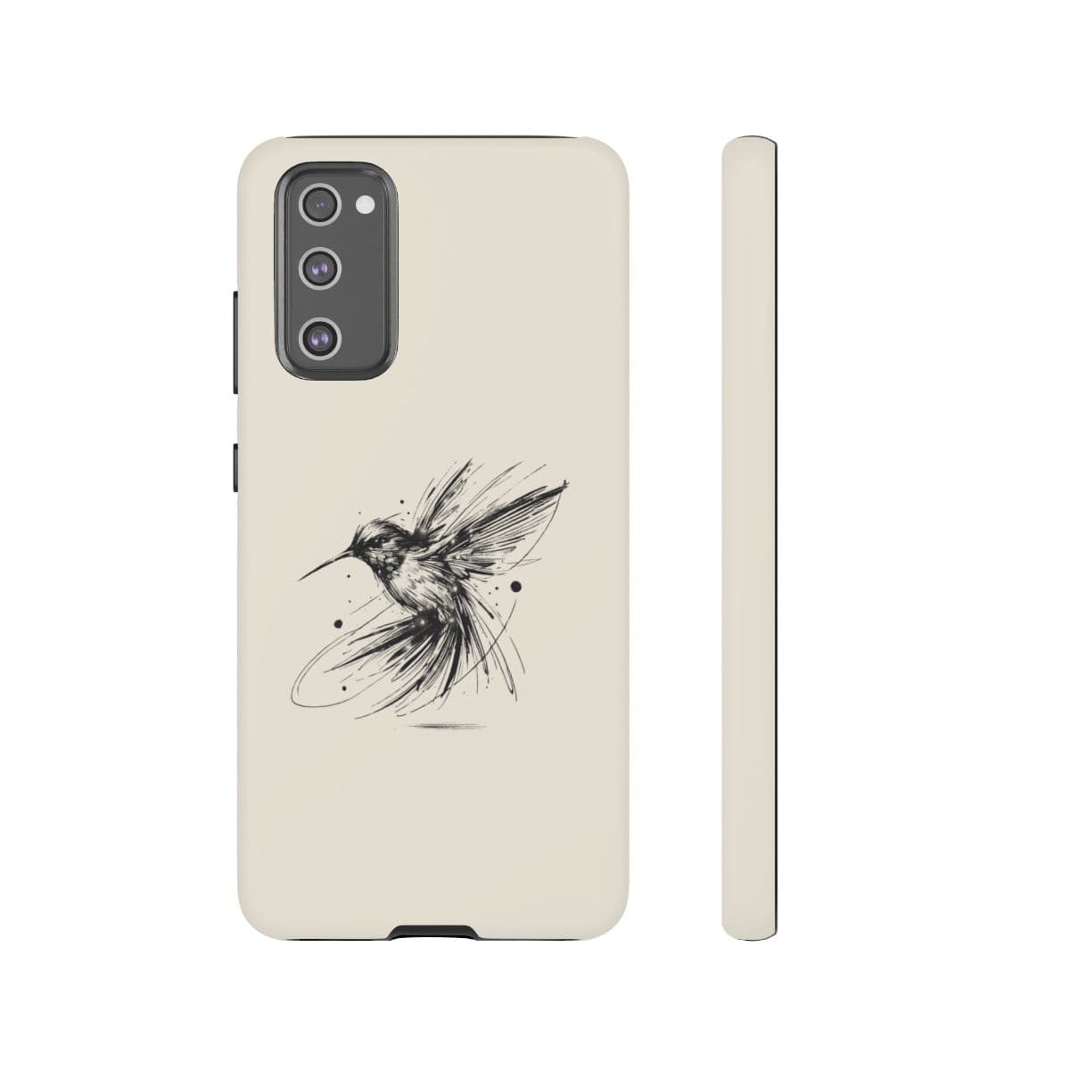 Beige phone case for iPhone 15 featuring a black hummingbird line sketch and smooth matte finish