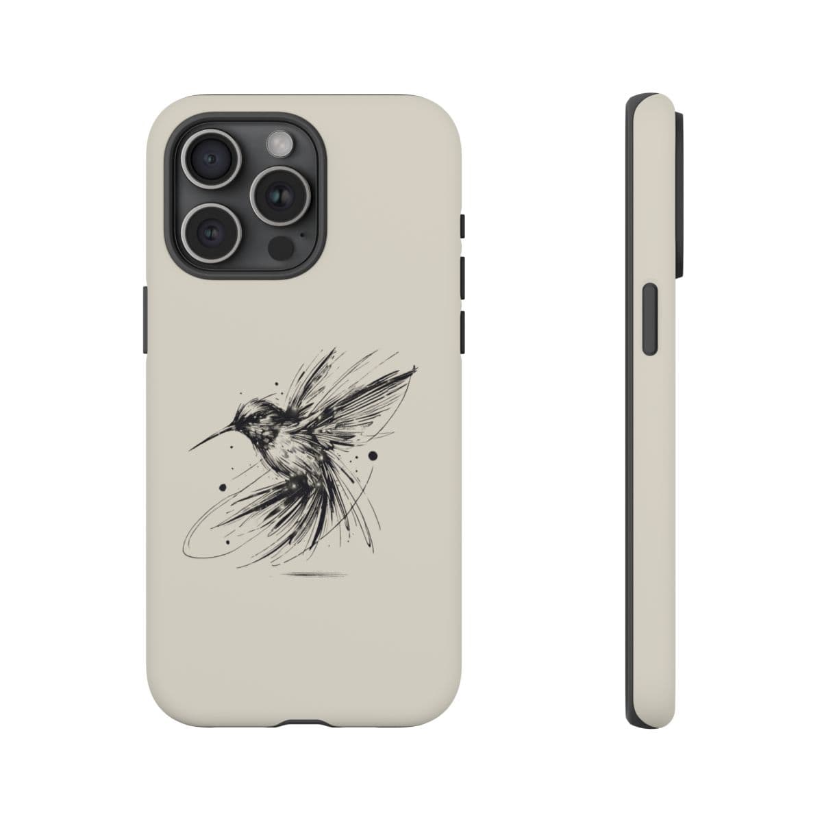 Beige phone case with artistic black hummingbird line drawing on smooth matte surface in minimalist style