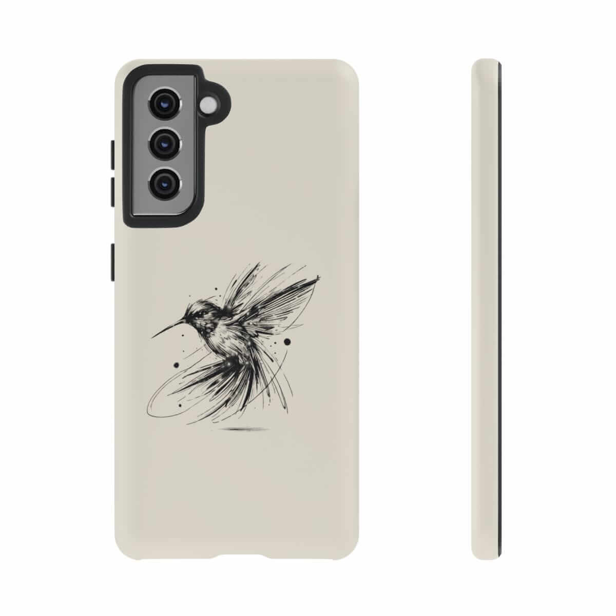 Beige phone case with minimalist black hummingbird sketch printed on smooth matte finish and precise camera cutout